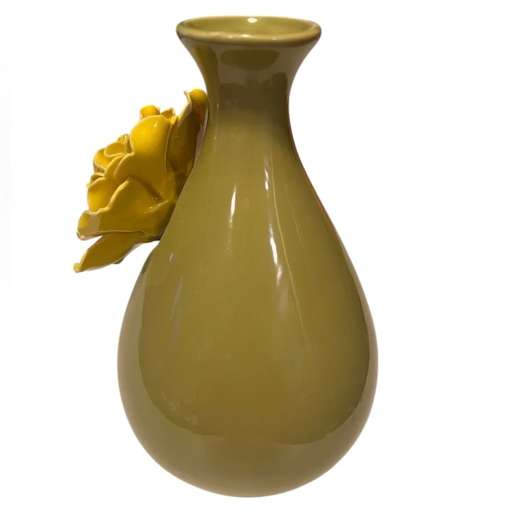 NEW 3D Yellow Peony flower on Olive Green Base Ceramic Vase 8
